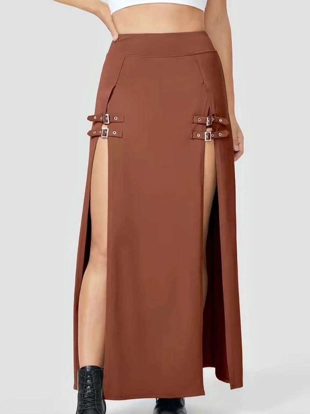 HALARA High Waisted Decorative Buckle Split 2-in-1 Maxi Casual Skirt Buckle